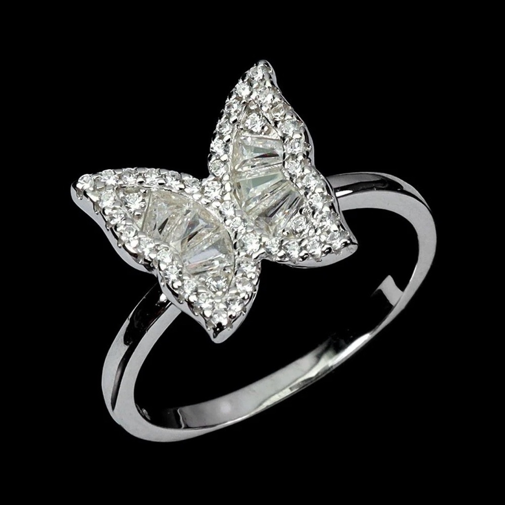 Set!!  925 Sterling Silver White Topaz baguette Butterfly Bracelet & Ring Sz 8